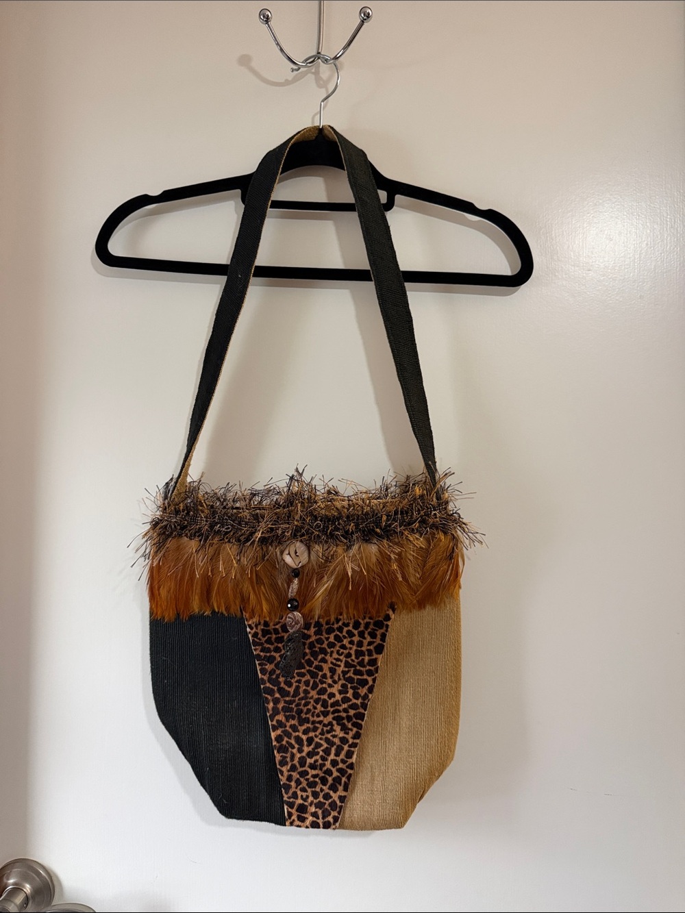 Boho Feather & Leopard Patchwork Tote - Brown